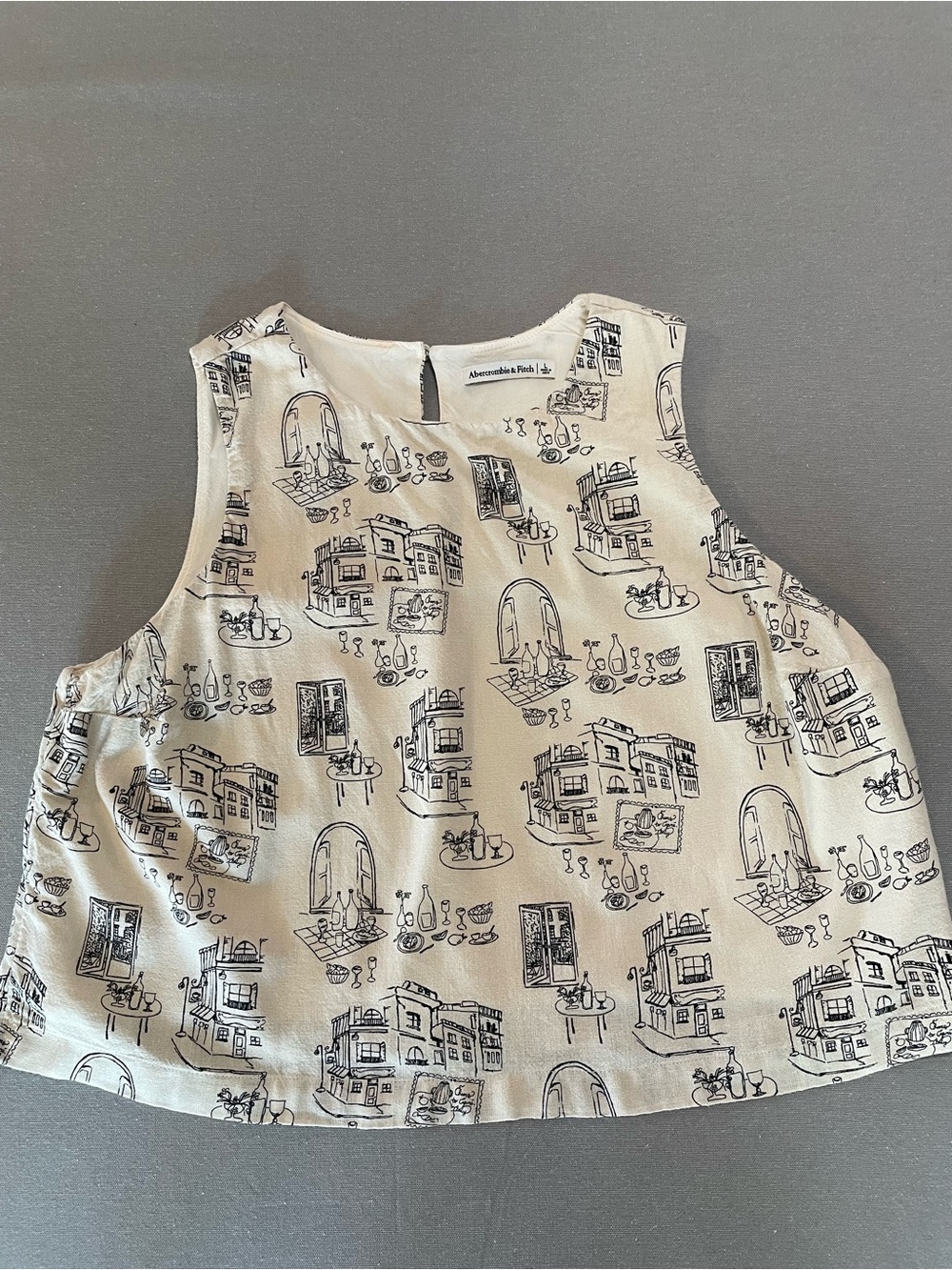 Abercrombie & Fitch Linen Blend Crop Tank Top Italian Sketch Print White Black L